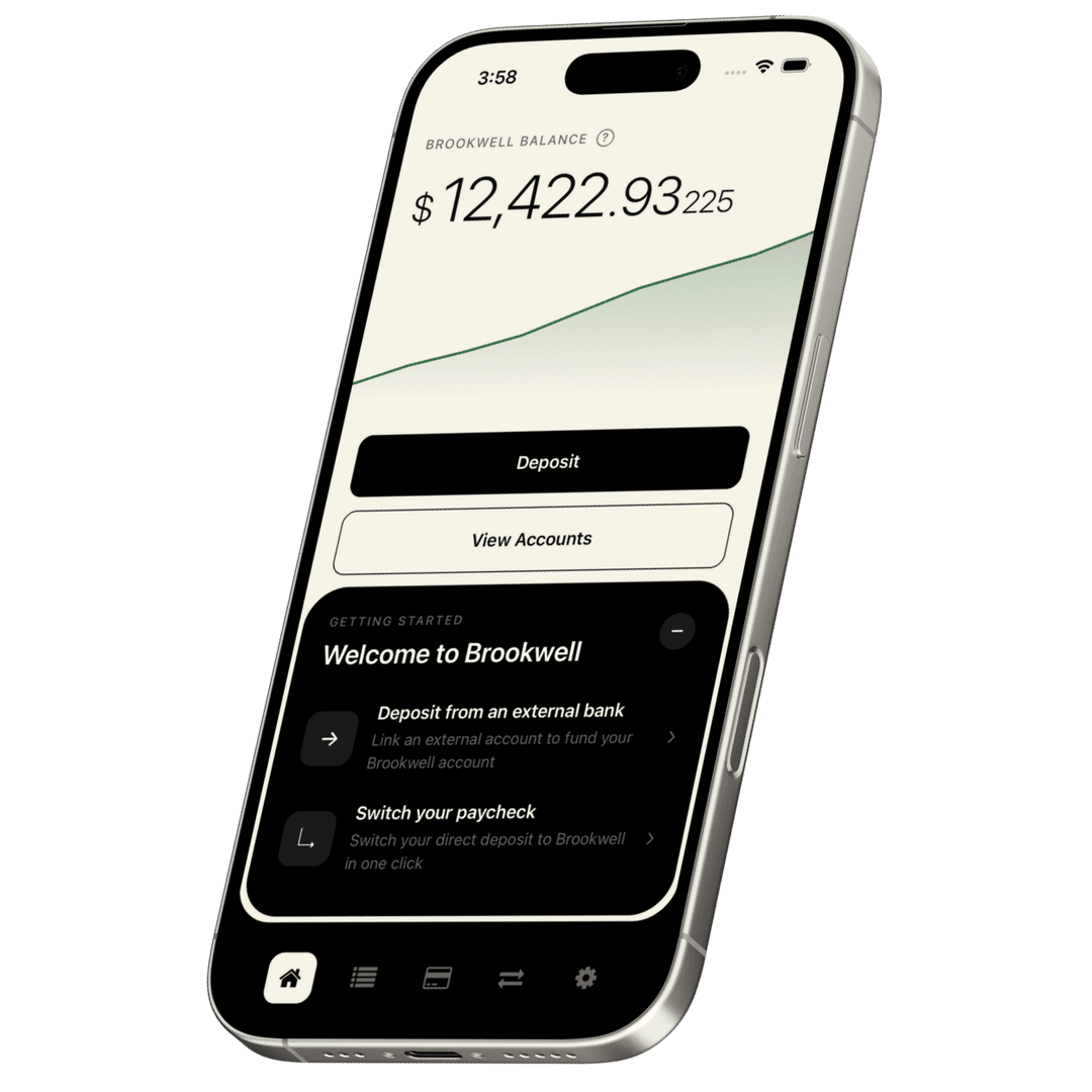 Brookwell app screenshot showing balance and actions